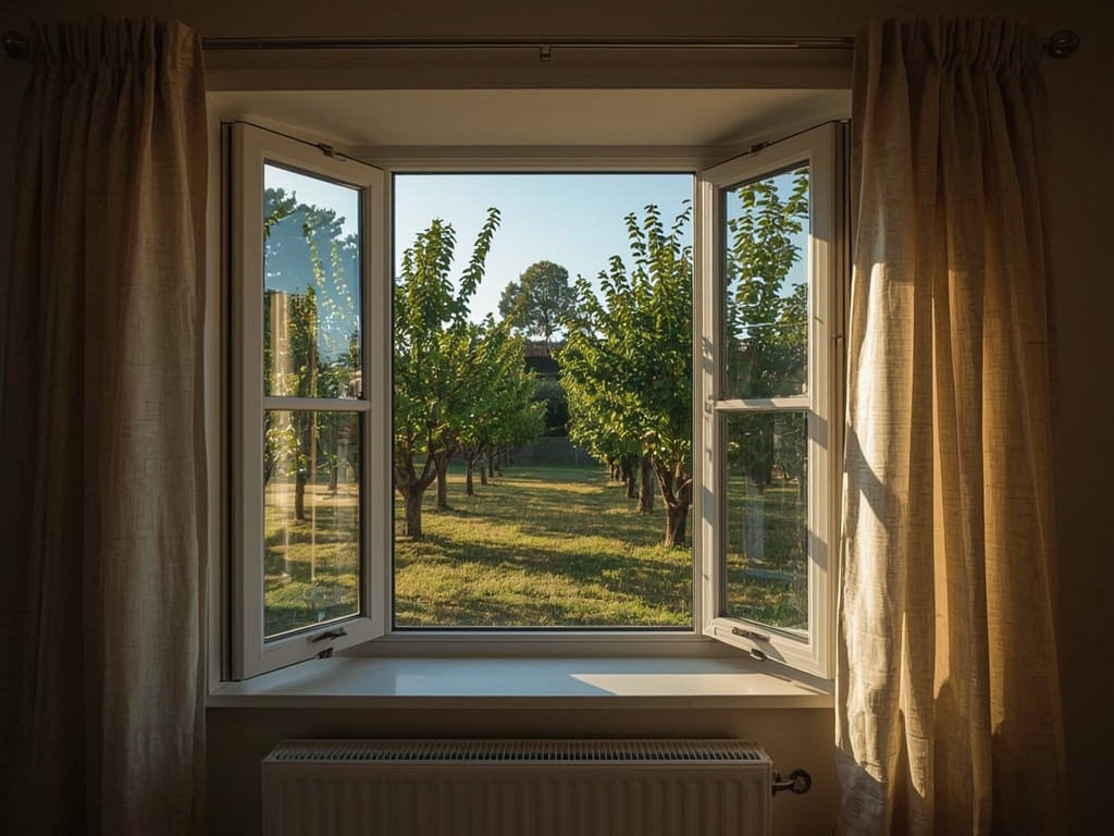 Uitzicht vanuit Limburgse woonkamer door kunststof raam naar tuin in Maastricht