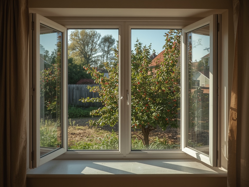 Uitzicht vanuit Limburgse woonkamer met kunststof raam op tuin in Nuth