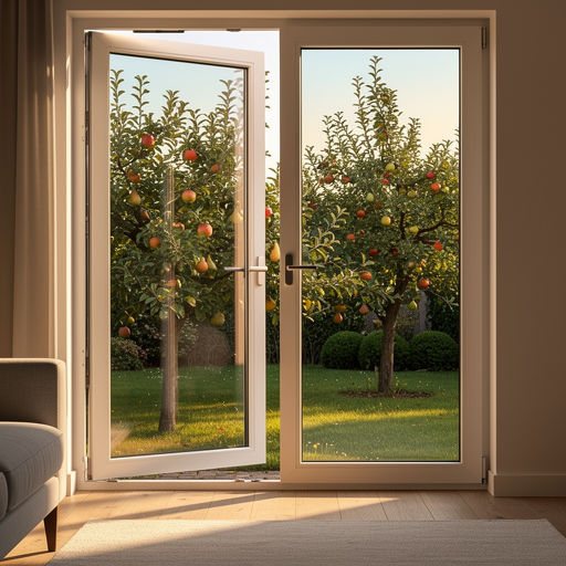Uitzicht vanuit een woonkamer in Heerlen door een kunststof raam naar de tuin