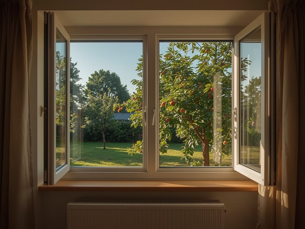Uitzicht vanuit Limburgse woonkamer door kunststof raam naar groene tuin in Schinnen