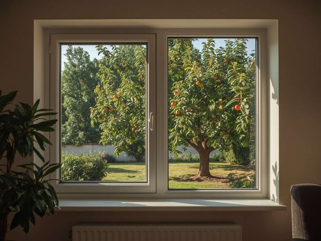 Uitzicht vanuit Limburgse woonkamer door kunststof raam naar tuin in Vaals