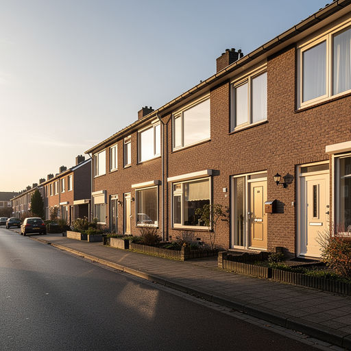 Jaren-60 rijtjeswoning in Onderbanken met crèmewitte kunststof kozijnen aan de straatzijde