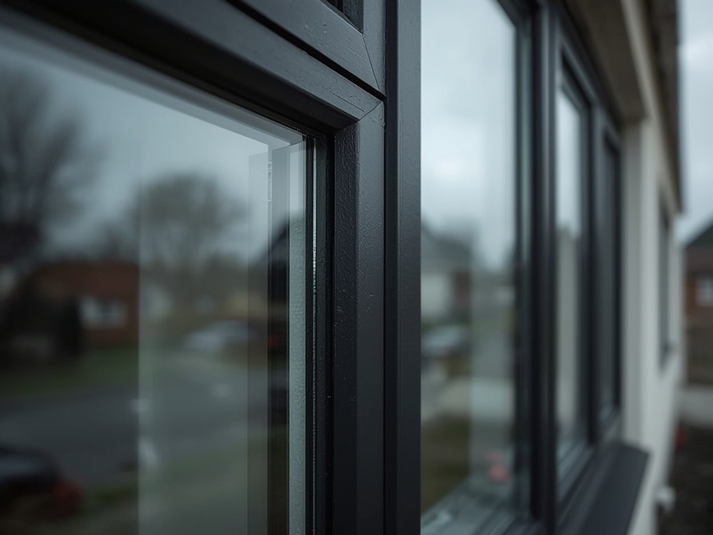 Close-up van antraciet kunststof kozijn met slanke profielen in een woning in Simpelveld