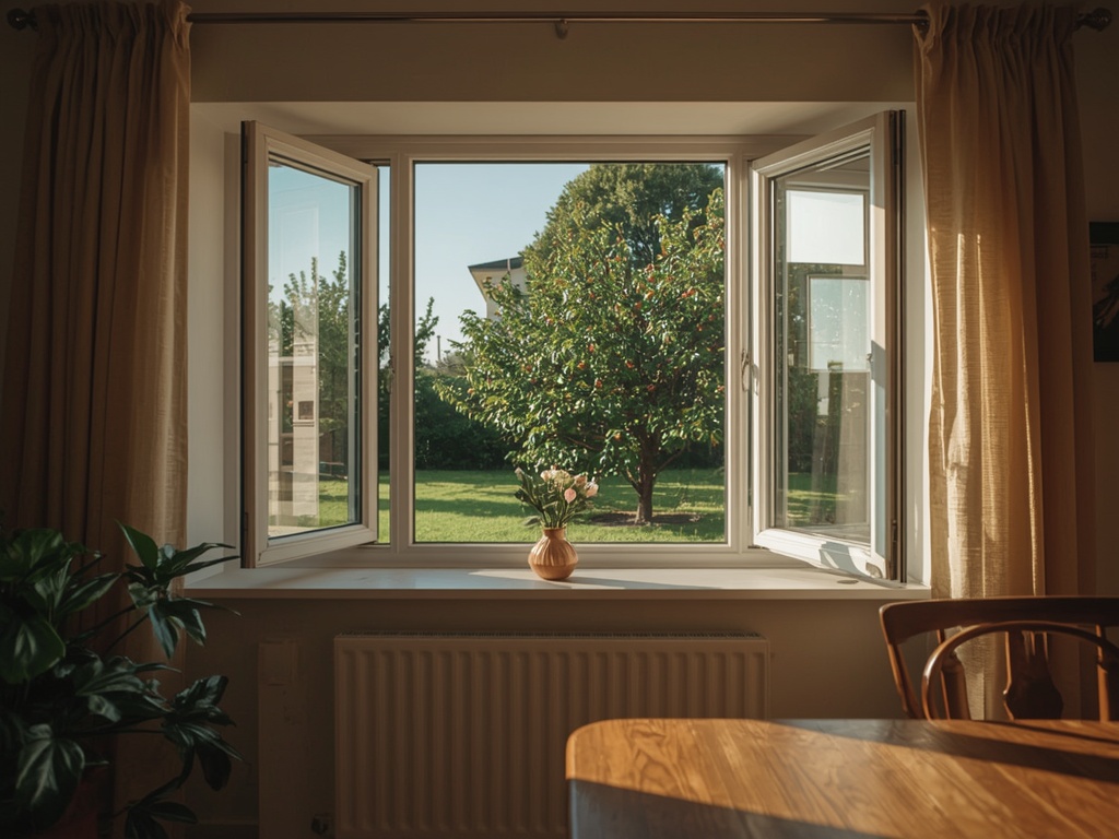 Zicht vanuit Limburgse woonkamer door kunststof raam naar tuin in Hoensbroek