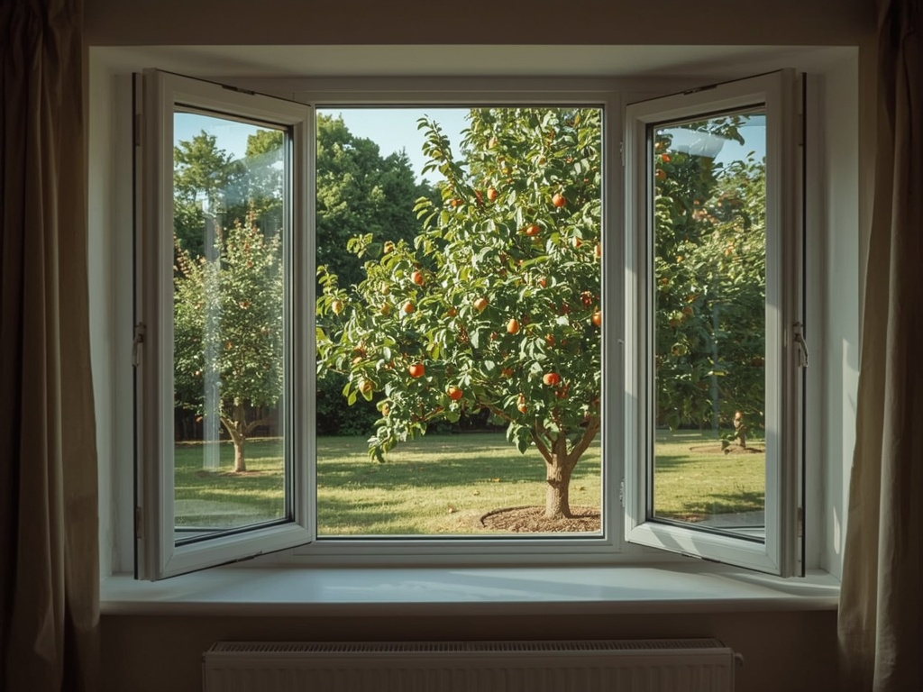 Uitzicht vanuit Limburgse woonkamer in Onderbanken door kunststof raam naar groene achtertuin