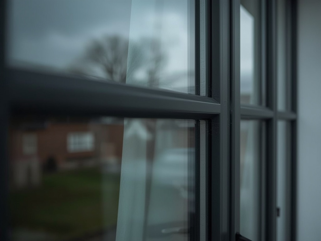 Close-up van antraciet kunststof kozijn met slanke profielen in een rijtjeswoning in Kerkrade