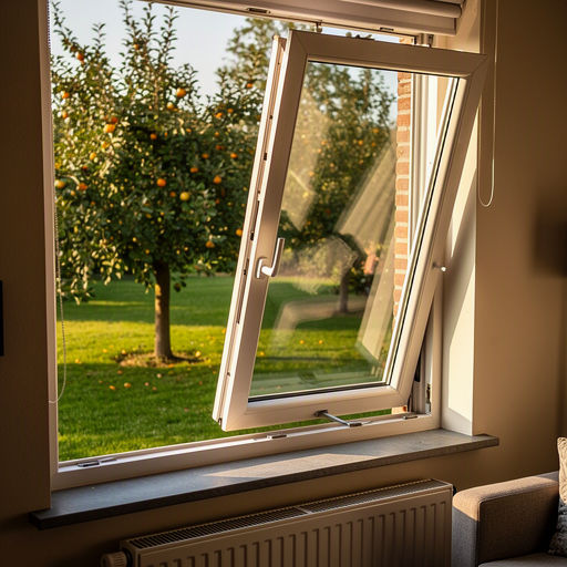 Uitzicht vanuit een woonkamer in Schinnen via een kunststof raam naar een Limburgse tuin