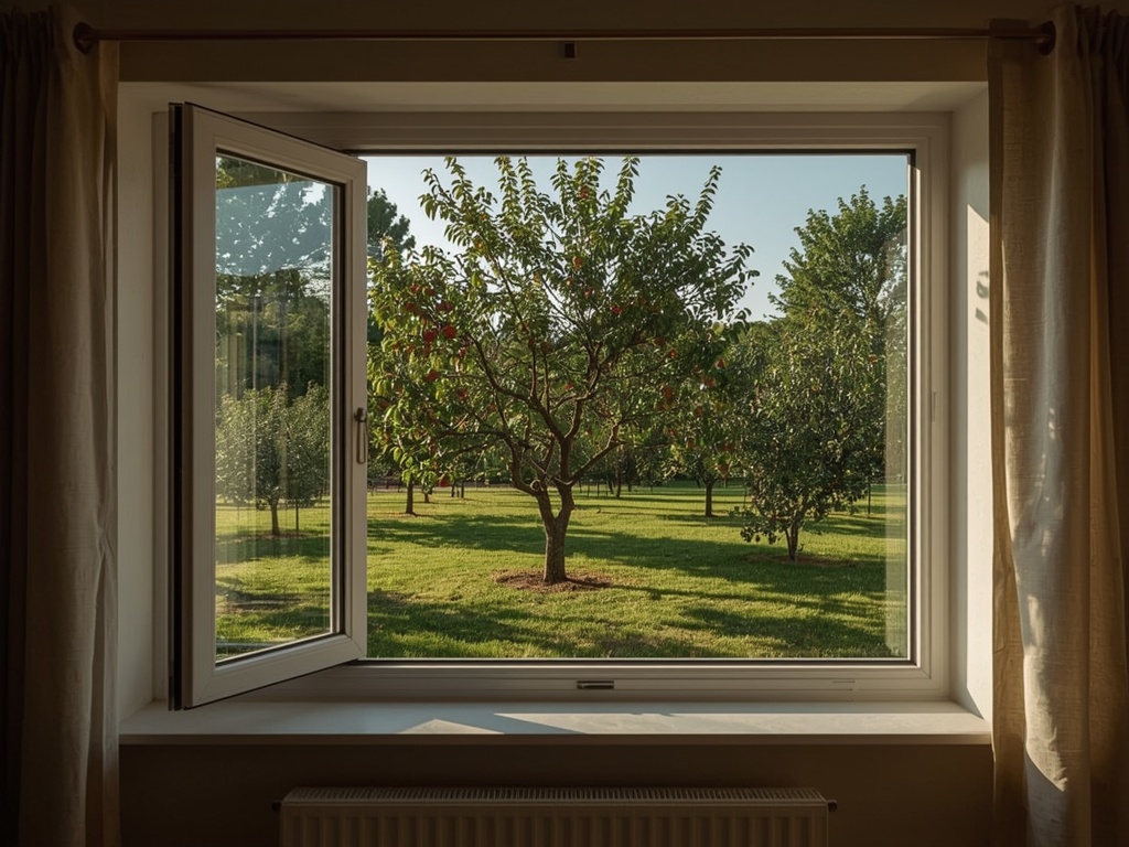 Zicht vanuit woonkamer in Simpelveld door kunststof raam naar groene tuin