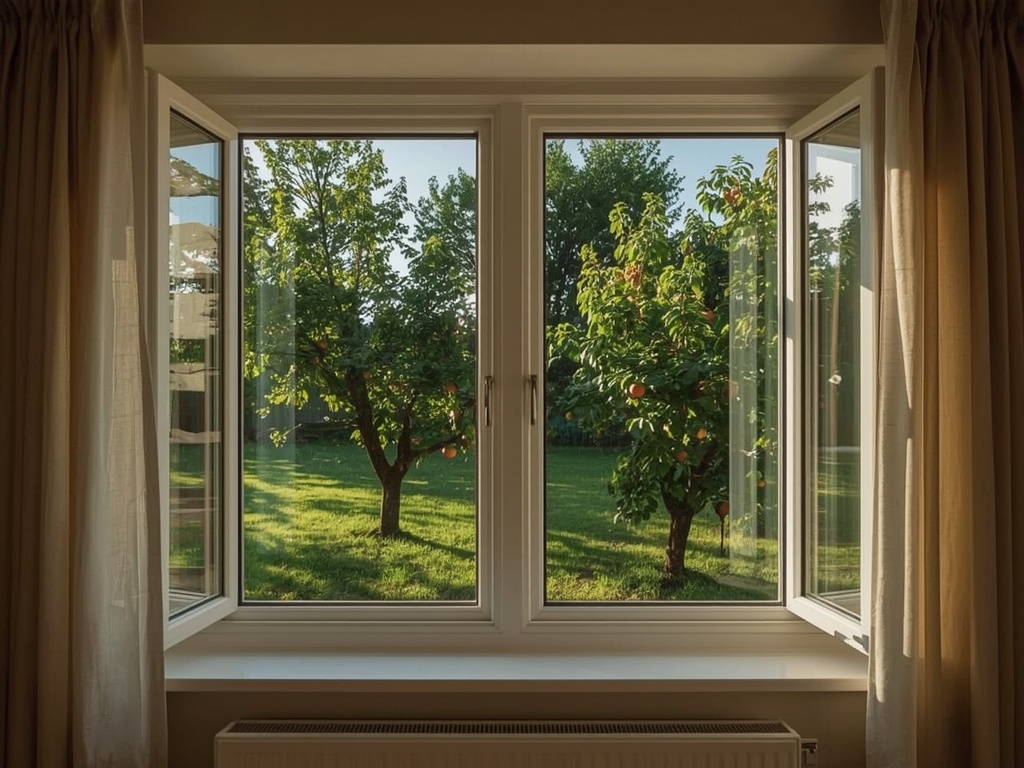 Uitzicht vanuit een woonkamer in Voerendaal door een kunststof raam met HR++ glas naar de tuin