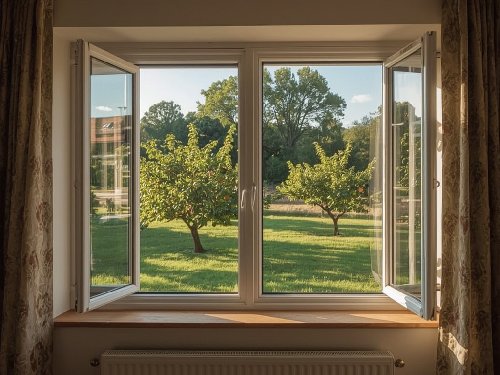 Uitzicht vanuit een woonkamer in Nuth door een kunststof panoramavenster naar de tuin