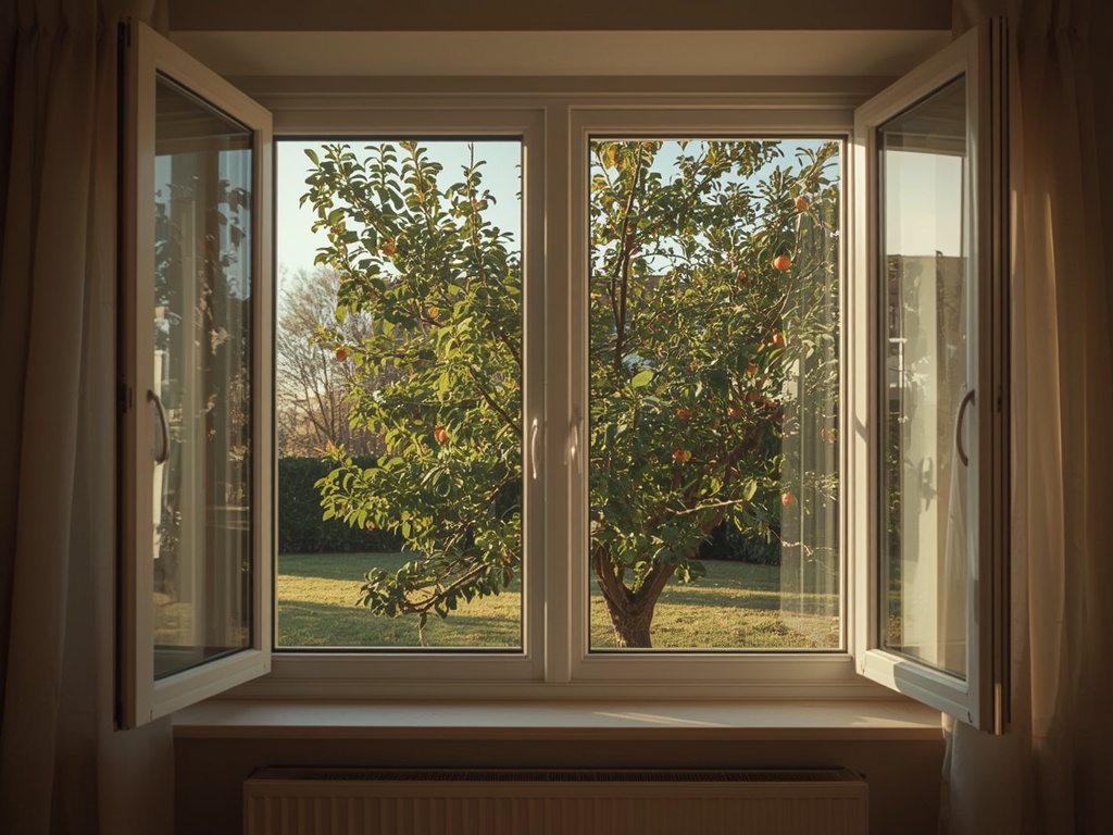 Zicht vanuit Limburgse woonkamer door kunststof raam naar tuin in Kerkrade