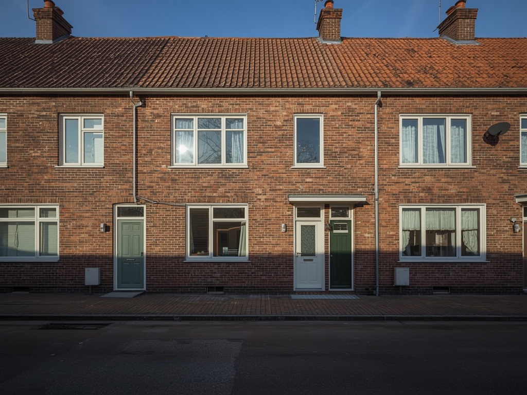 Jaren-60 rijtjeswoning in Schinveld met crèmewitte kunststof kozijnen
