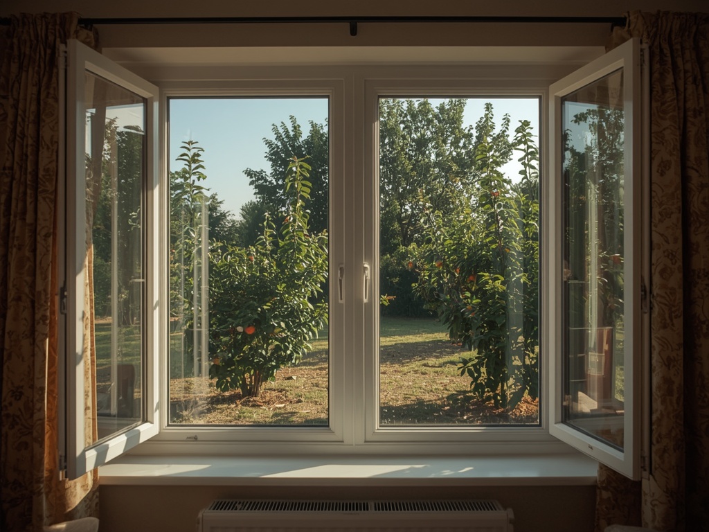 Uitzicht door kunststof raam vanuit een woonkamer in Heerlen richting de Limburgse tuin