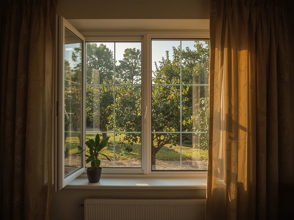 Zicht vanuit Limburgse woonkamer door kunststof raam naar tuin in Landgraaf
